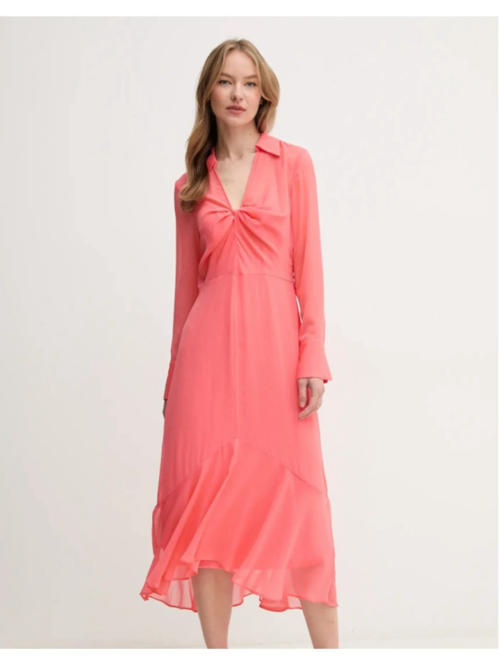 DKNY Coral Pink Twist Front Long Sleeve Ruffle Hem Midi Dress NWT Size 2